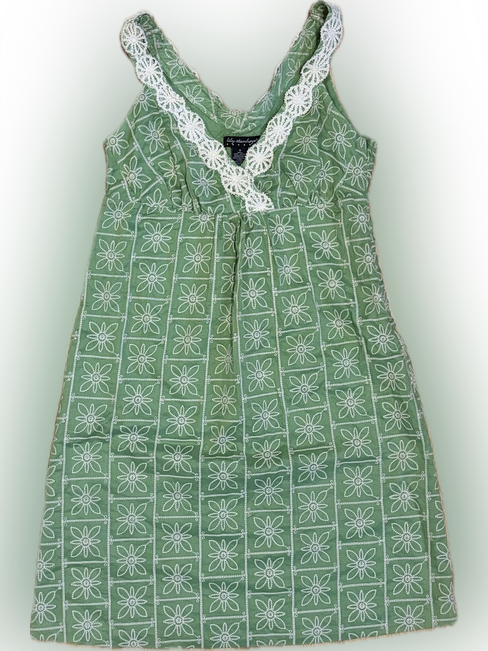 Green Daisy-Grid Lace-Trim Dress